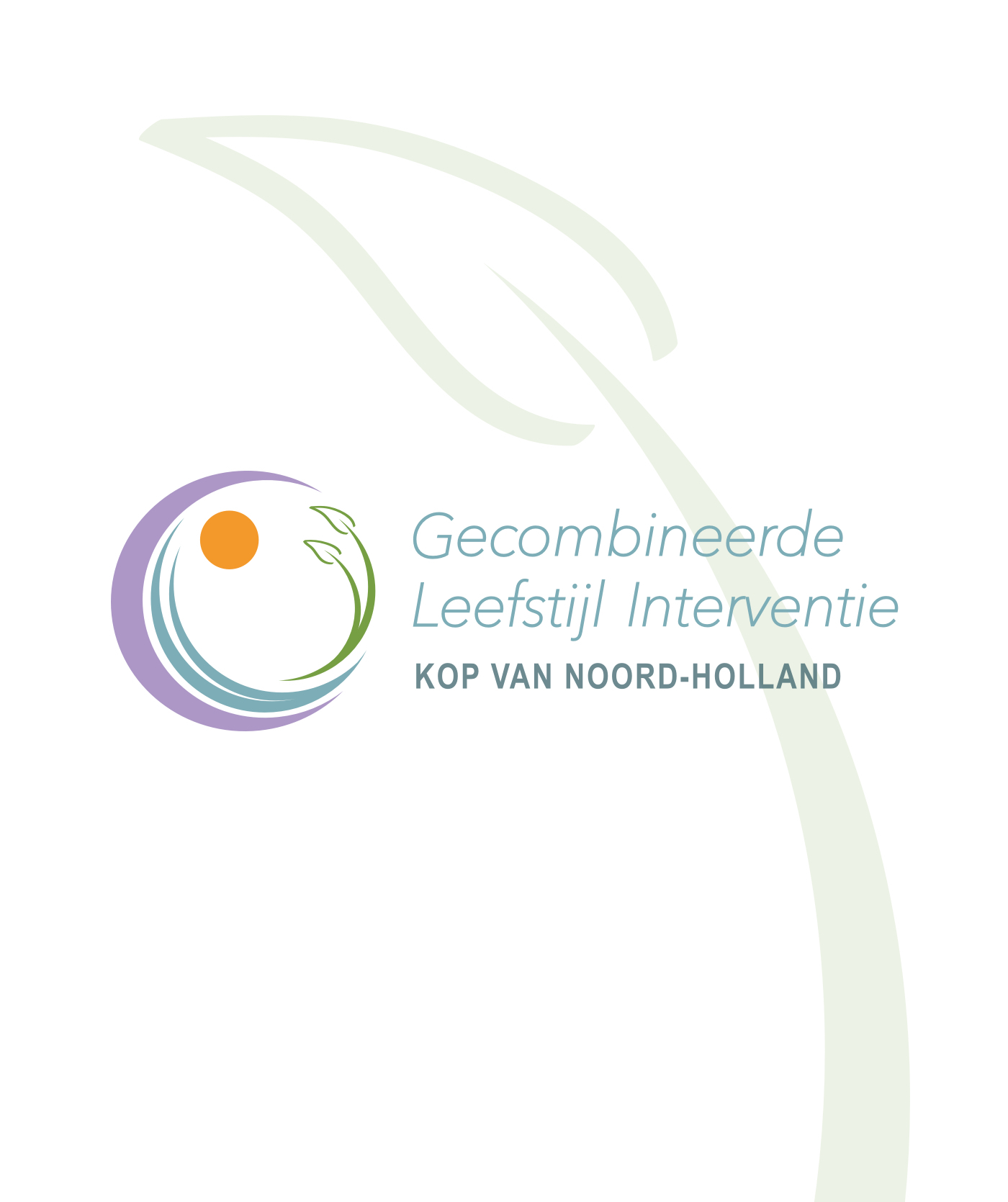 Logo met een rond icoontje met een zon en groene bladeren, naast de tekst Gecombineerde Leefstijl Interventie Kop van Noord-Holland – perfect voor websites of online diensten – op een witte achtergrond.