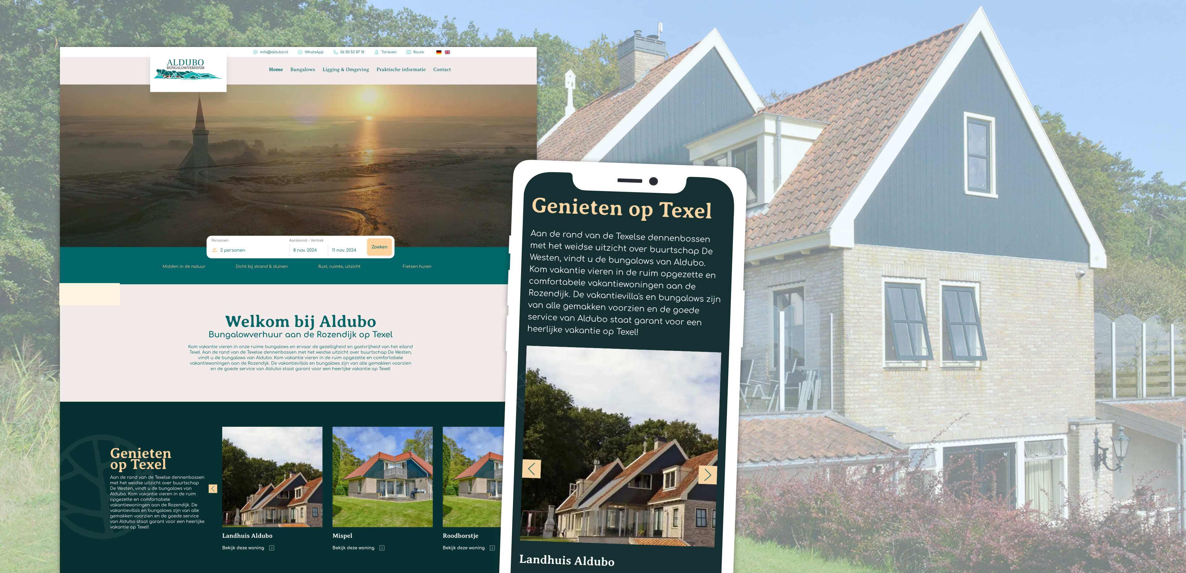 Op de website en op de mobiele telefoon worden de accommodaties van Landhuis Aldubo getoond. Er is een traditioneel Nederlands huis, er zijn navigatieopties en op beide schermen is er snelle toegang tot online diensten.