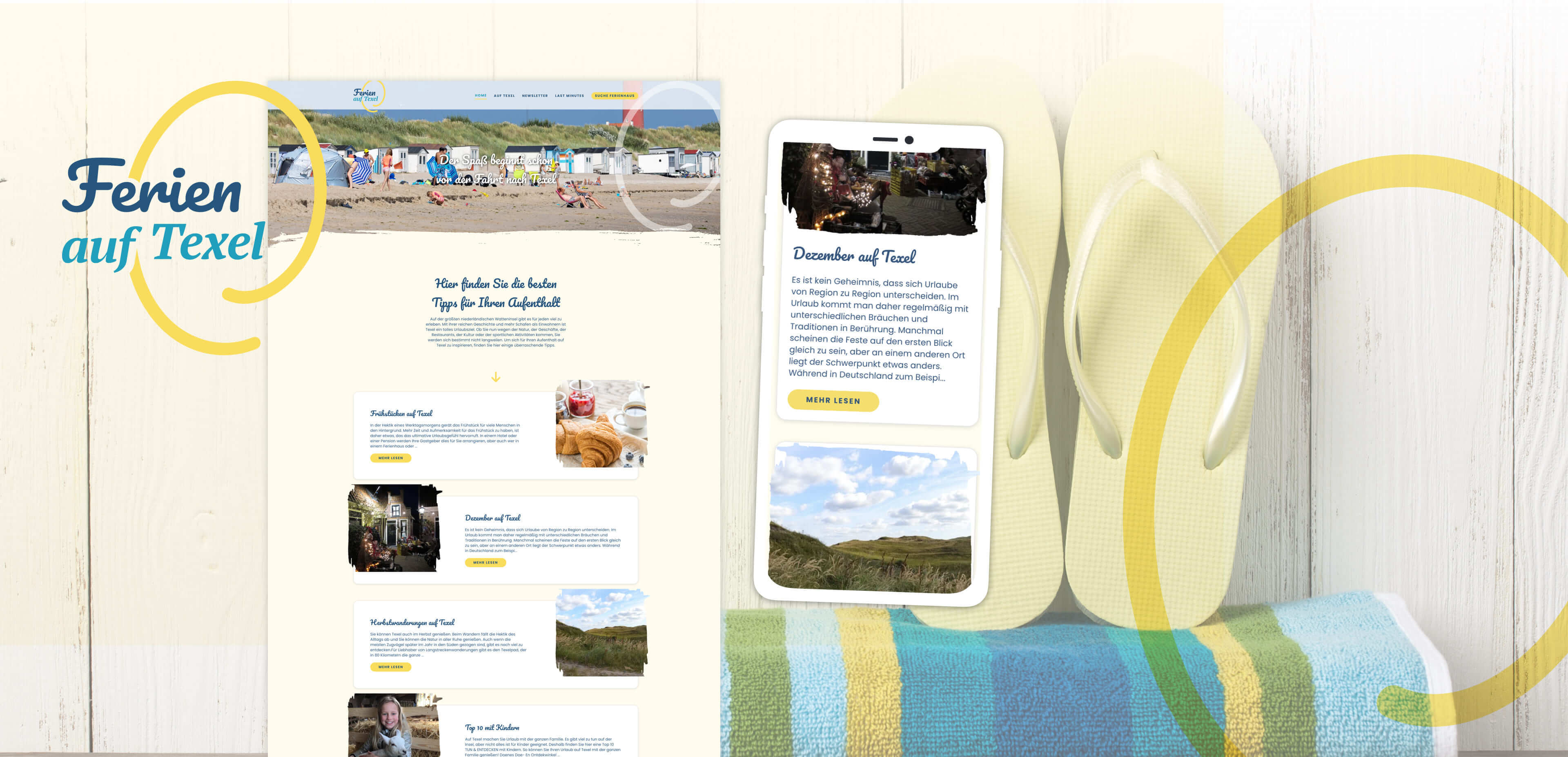 Een website over vakanties op Texel wordt getoond op een desktopscherm en een smartphone, met een handdoek en slippers op de achtergrond. De tekst luidt Ferien auf Texel en laat zien hoe websites bestemmingen online kunnen promoten.