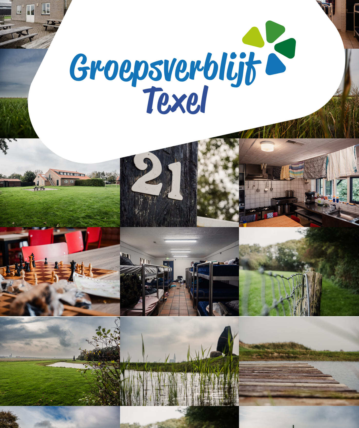 Een collage van de groepsaccommodatie Groepsverblijf Texel met afbeeldingen van gebouwen, stapelbedden, keuken, schaakspel, natuurtaferelen en het getal 21. Perfect voor teams die websites of online diensten gebruiken om hun Texelvakantie te plannen.