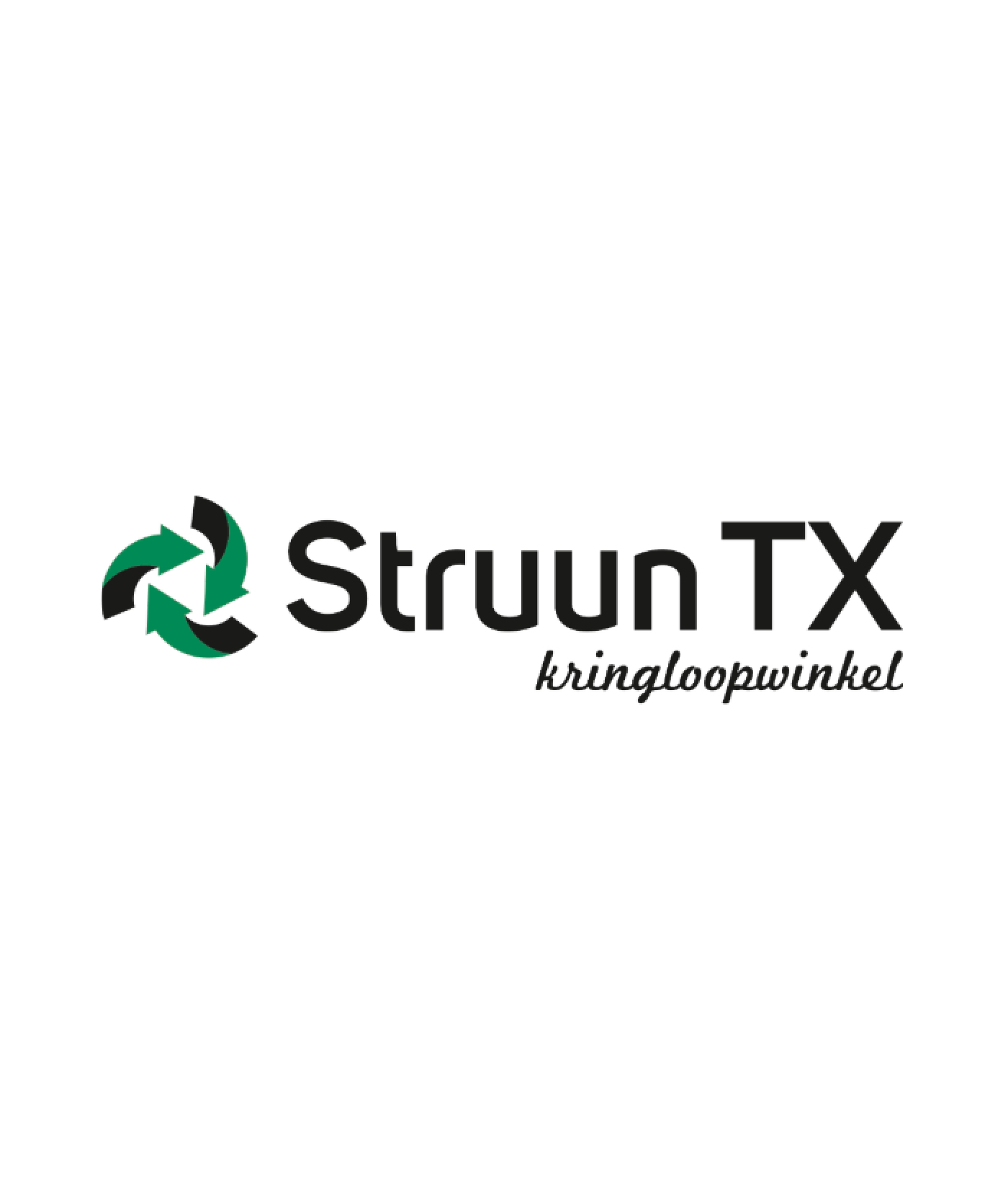 Logo van Struun TX kringloopwinkel met een groen-zwart cirkelvormig pijlsymbool links van de tekst, ideaal voor websites of webshops die online diensten aanbieden.