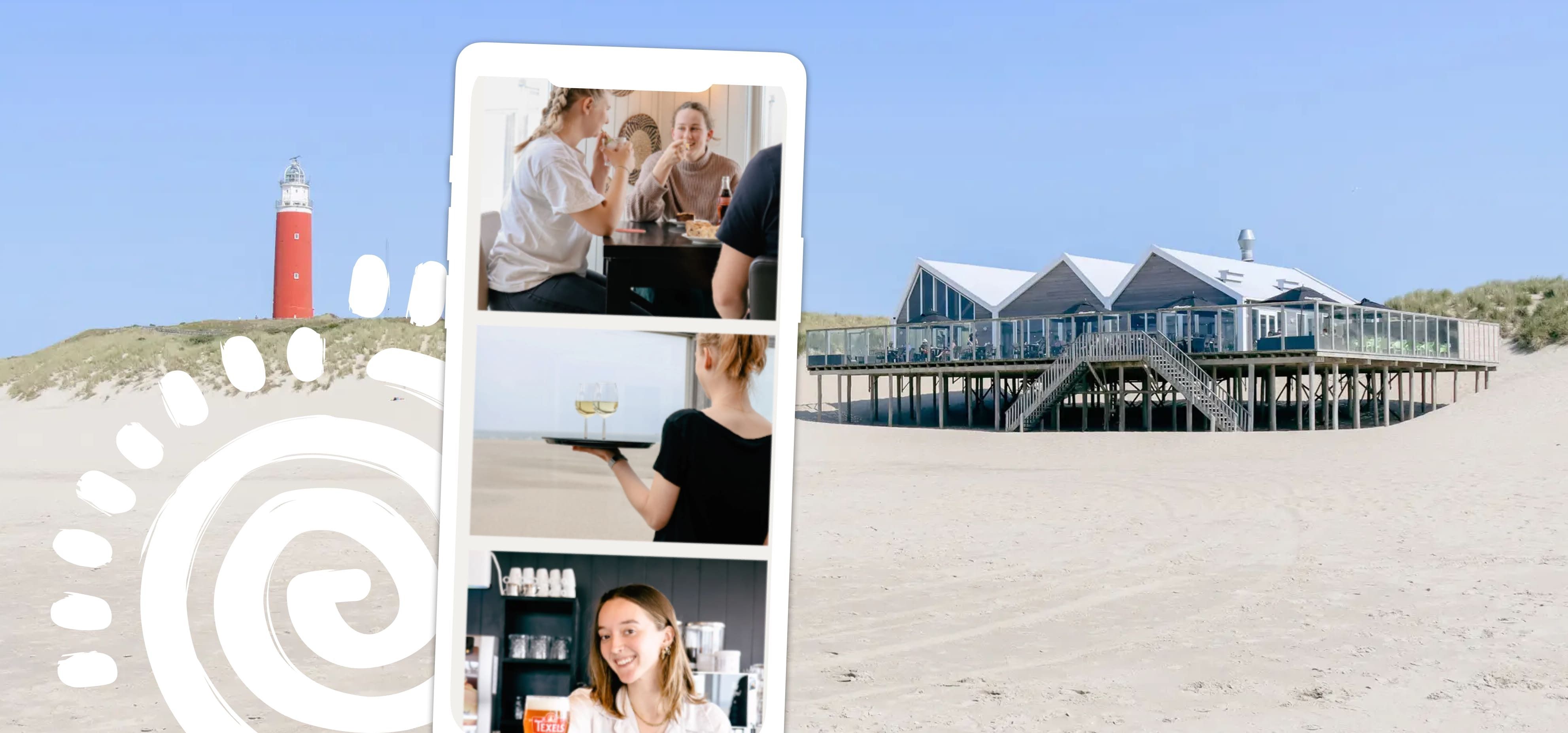 Een zandstrand met een rode vuurtoren en een gebouw op palen. Op een smartphonefoto zijn mensen te zien die dineren en een serveerster die drankjes serveert. Dit laat zien hoe online diensten zoals webshops en websites ervaringen met elkaar verbinden.