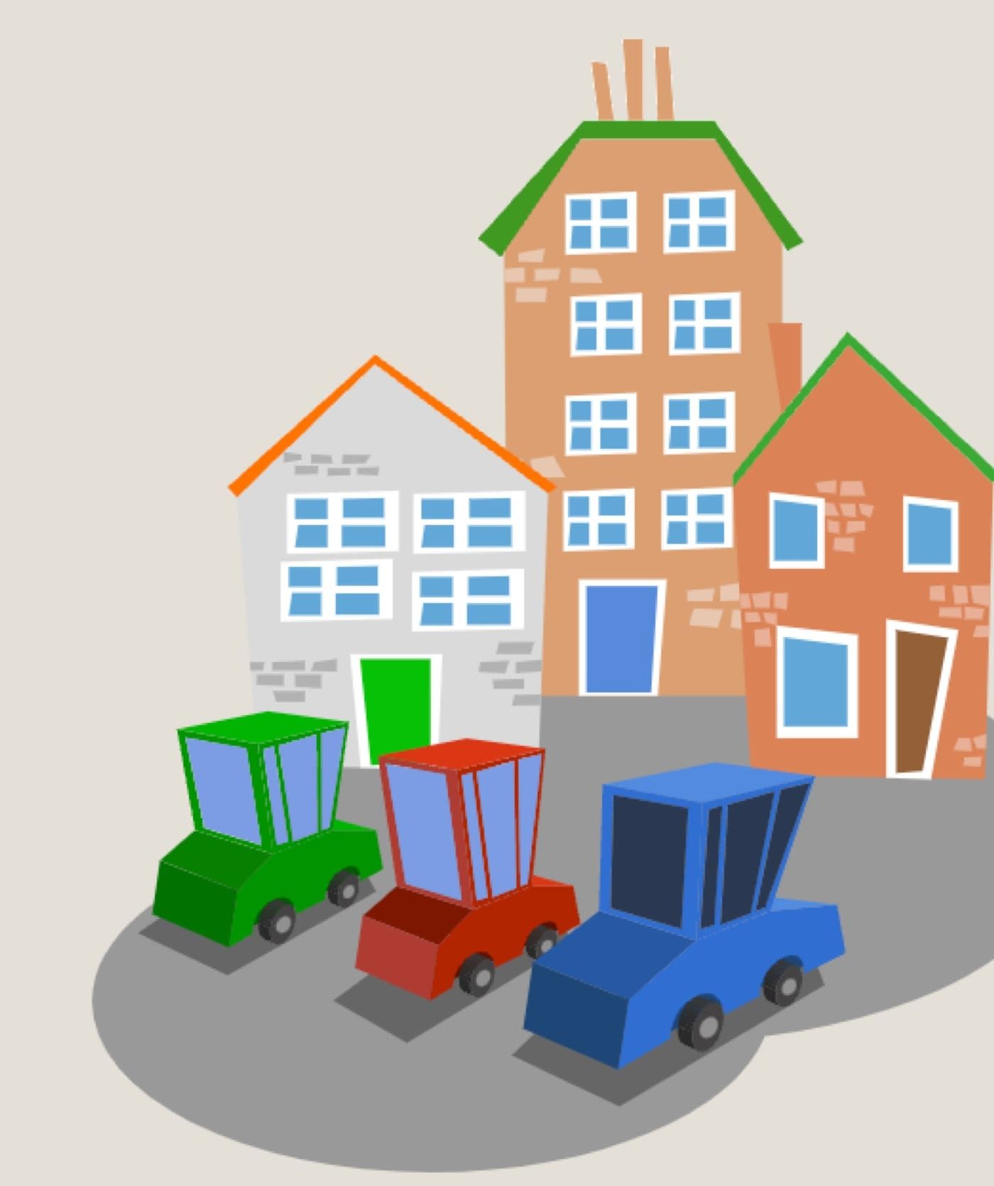 Illustratie van drie kleurrijke auto's geparkeerd voor drie gestileerde huizen met verschillende vormen en dakkleuren, perfect voor websites of webshops die online diensten aanbieden.