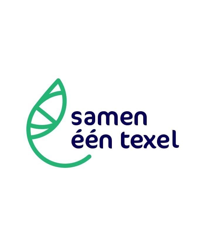 Logo met een groene bladvormige omtrek en de tekst samen één texel in blauw op een witte achtergrond, ideaal voor websites of online diensten.