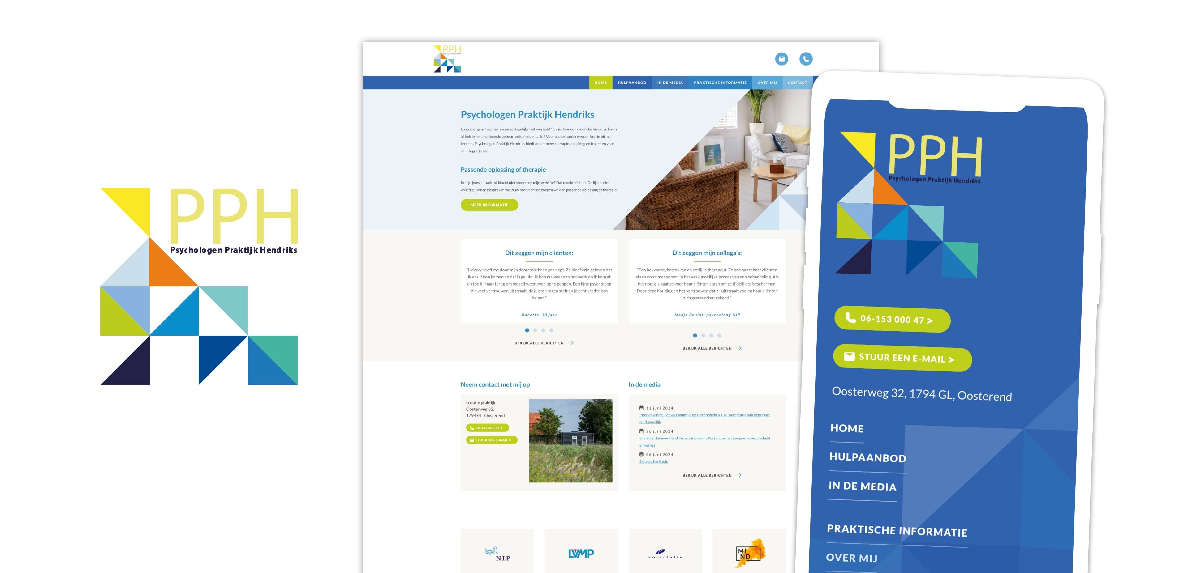 Digitale mockup van het logo, de homepage van de website en de mobiele weergave voor Psychologen Praktijk Hendriks, met blauwe, gele en blauwgroene geometrische vormen in de branding - perfect voor online diensten en moderne websites.