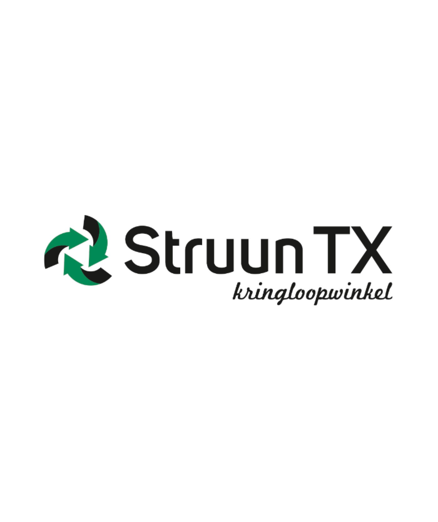 Logo van Struun TX kringloopwinkel met een groen-zwart cirkelvormig pijlsymbool links van de tekst, ideaal voor websites of webshops die online diensten aanbieden.