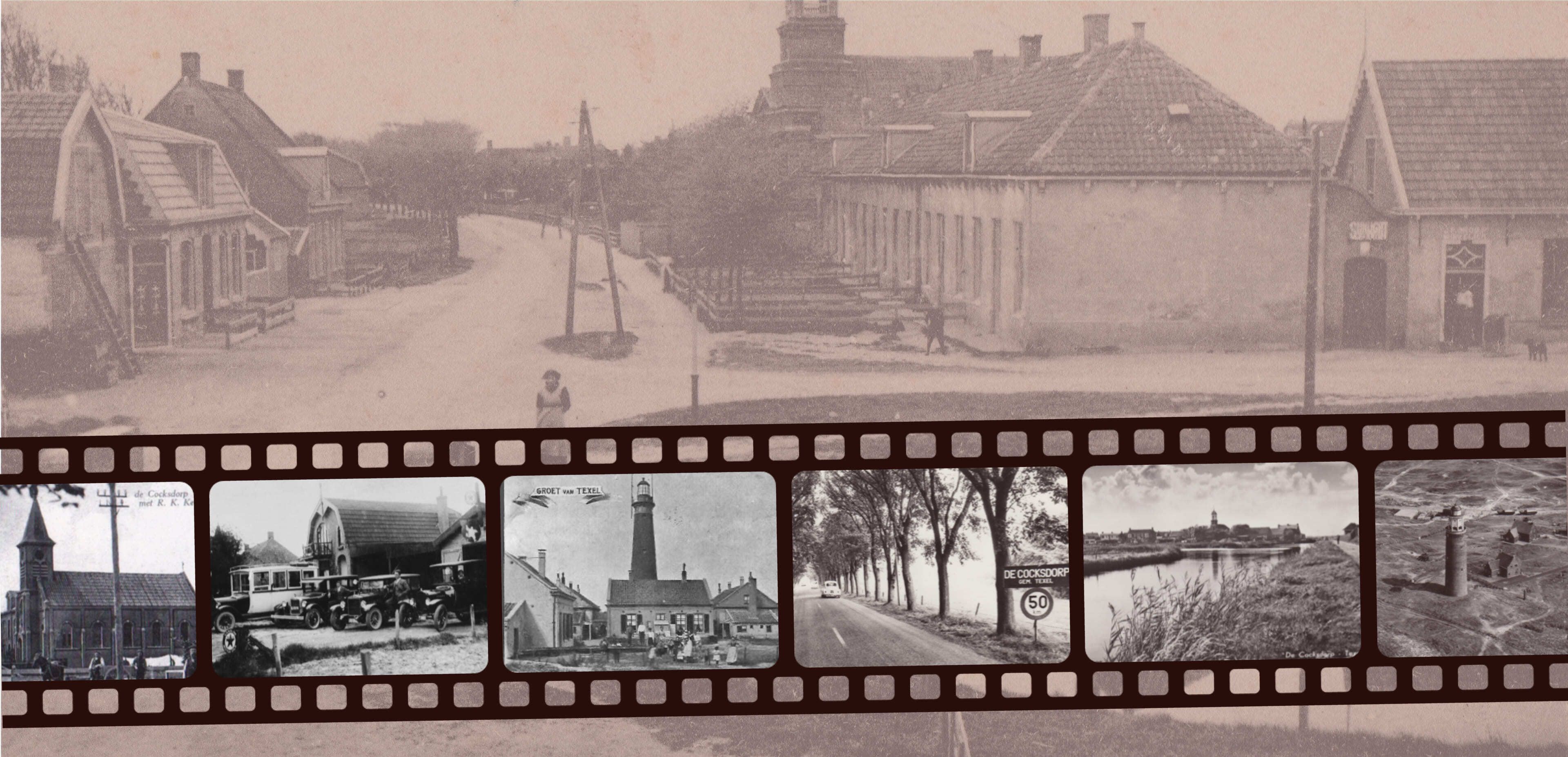 Een sepiakleurige foto van een dorpsstraat is bedekt met een filmstrook met vijf zwart-witafbeeldingen van gebouwen, wegen en een vuurtoren. De perfecte inspiratie voor websites of webshops die zich richten op nostalgie en klassieke charme.