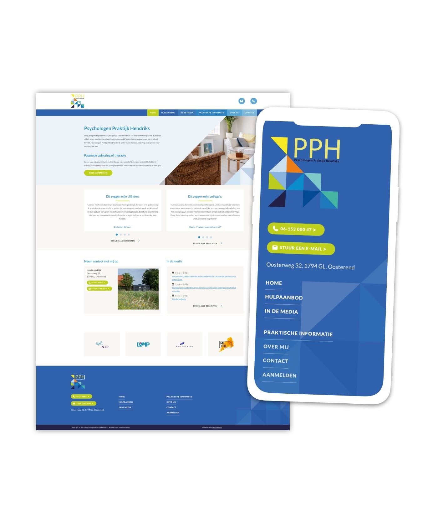 Een website-homepage en mobiele weergave voor Psychologen Praktijk Hendriks, met een blauw-wit kleurenschema met een geometrisch logo, navigatiemenu en voorbeelden van websites en online diensten.