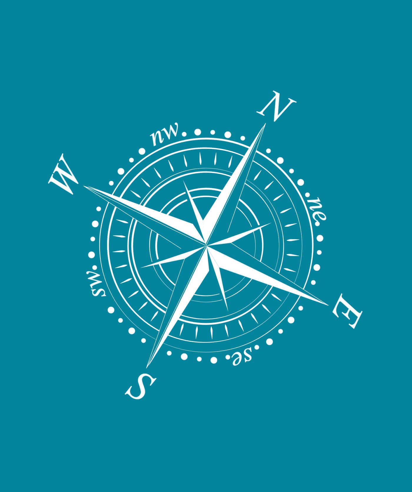 Een witte kompasroos met de hoofd- en tussenwindrichtingen op een blauwgroene achtergrond, symboliseert de navigatie voor websites en online diensten.