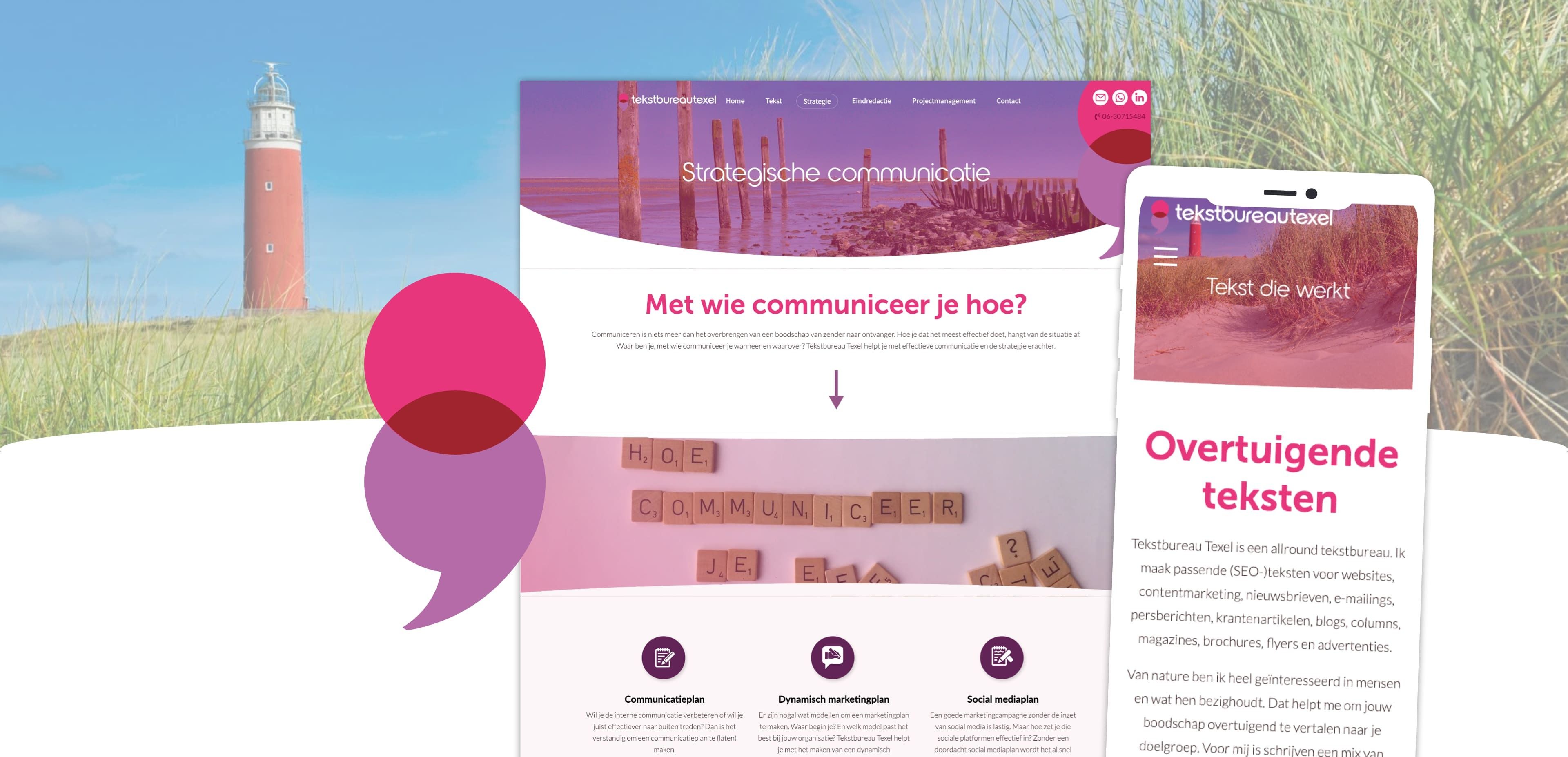 Een website-homepage met een vuurtorenachtergrond en tekst in het Nederlands over strategische communicatie, overtuigende teksten, online diensten en communicatiemethoden.