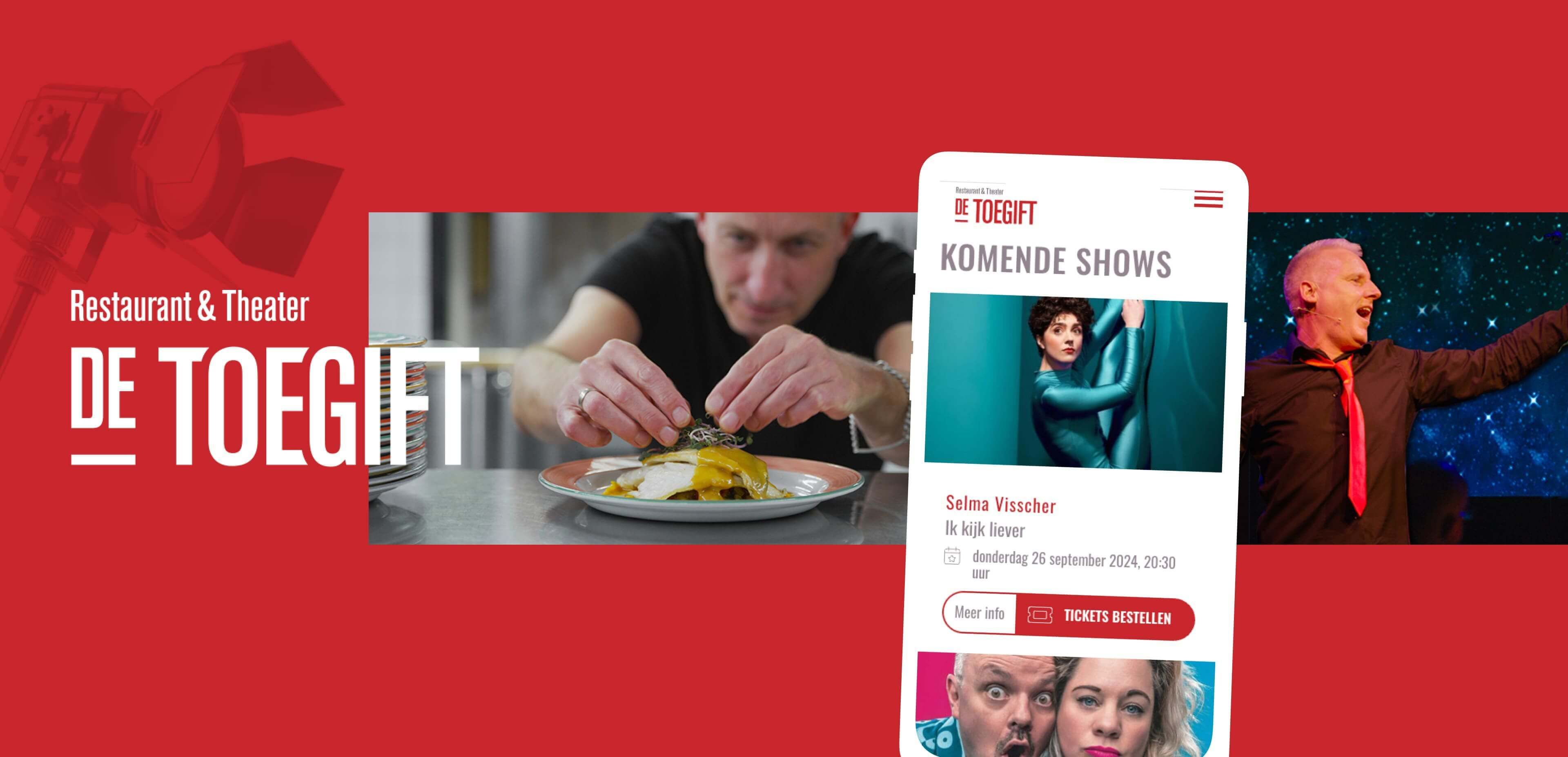 Promotiefoto voor restaurant en theater De Toegift, met een chef-kok die gerechten serveert, een smartphonedisplay van aankomende shows en online diensten, plus twee artiesten op het podium.
