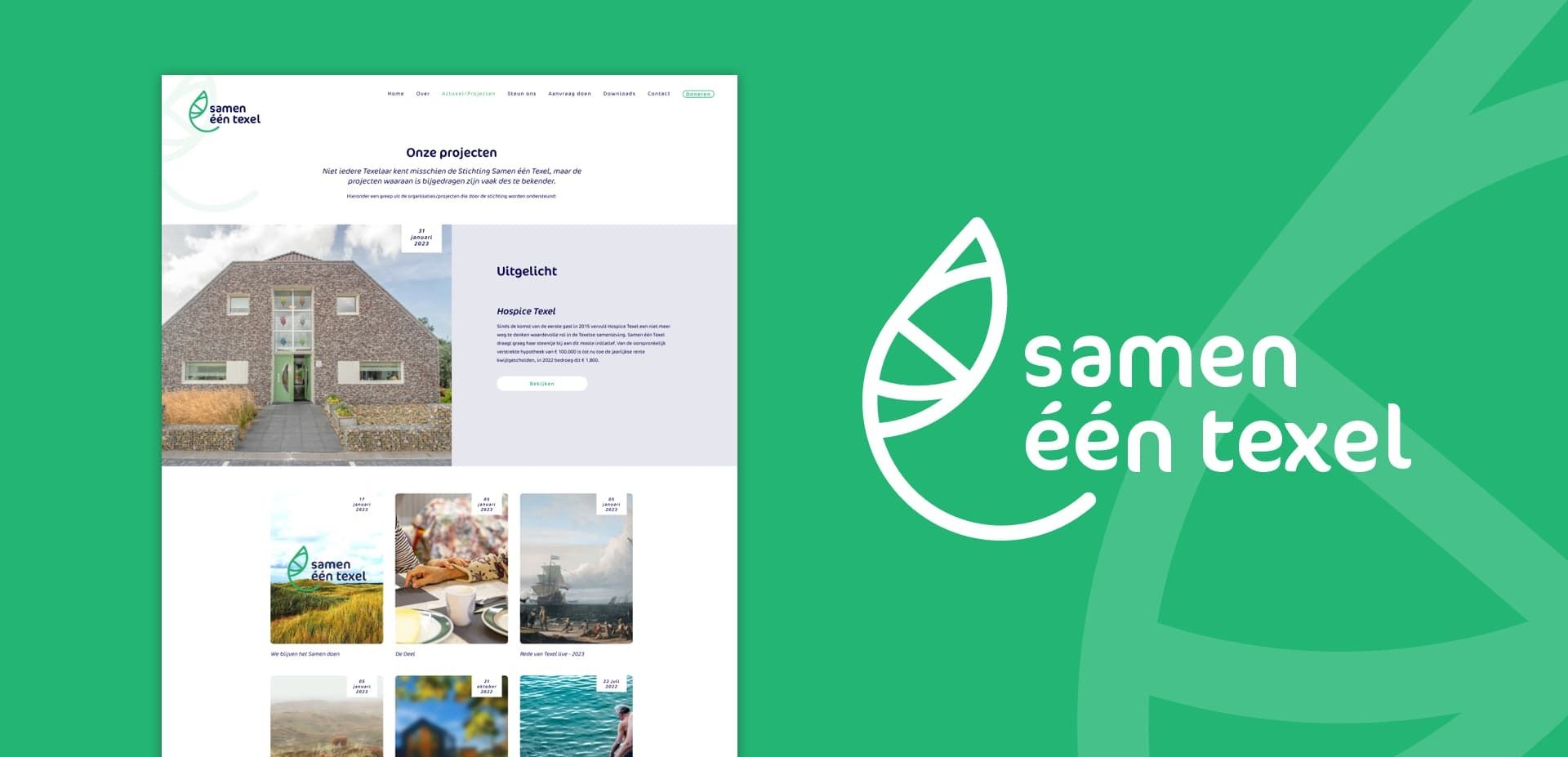 Screenshot van de homepage van de website Samen één Texel met een afbeelding van een huis, projecten en een groot wit logo op een groene achtergrond aan de rechterkant. Ideaal om online diensten en inspirerende webshops te presenteren.