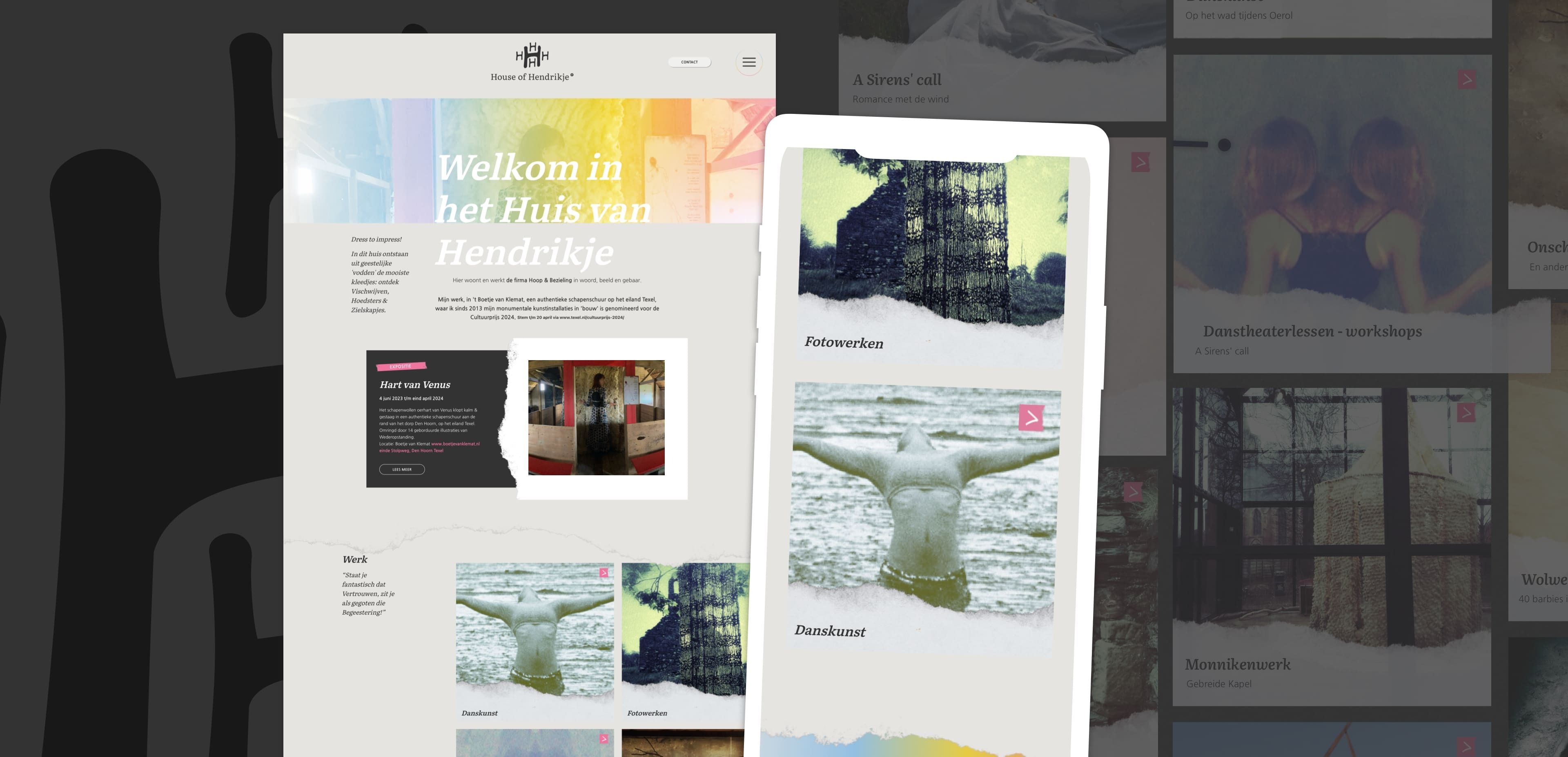 Een desktop- en mobiele weergave van een Nederlandse website met tekst, afbeeldingen en een navigatiemenu, met de focus op het Huis van Hendrikje. Perfect om websites of online diensten op een aantrekkelijke manier te presenteren.