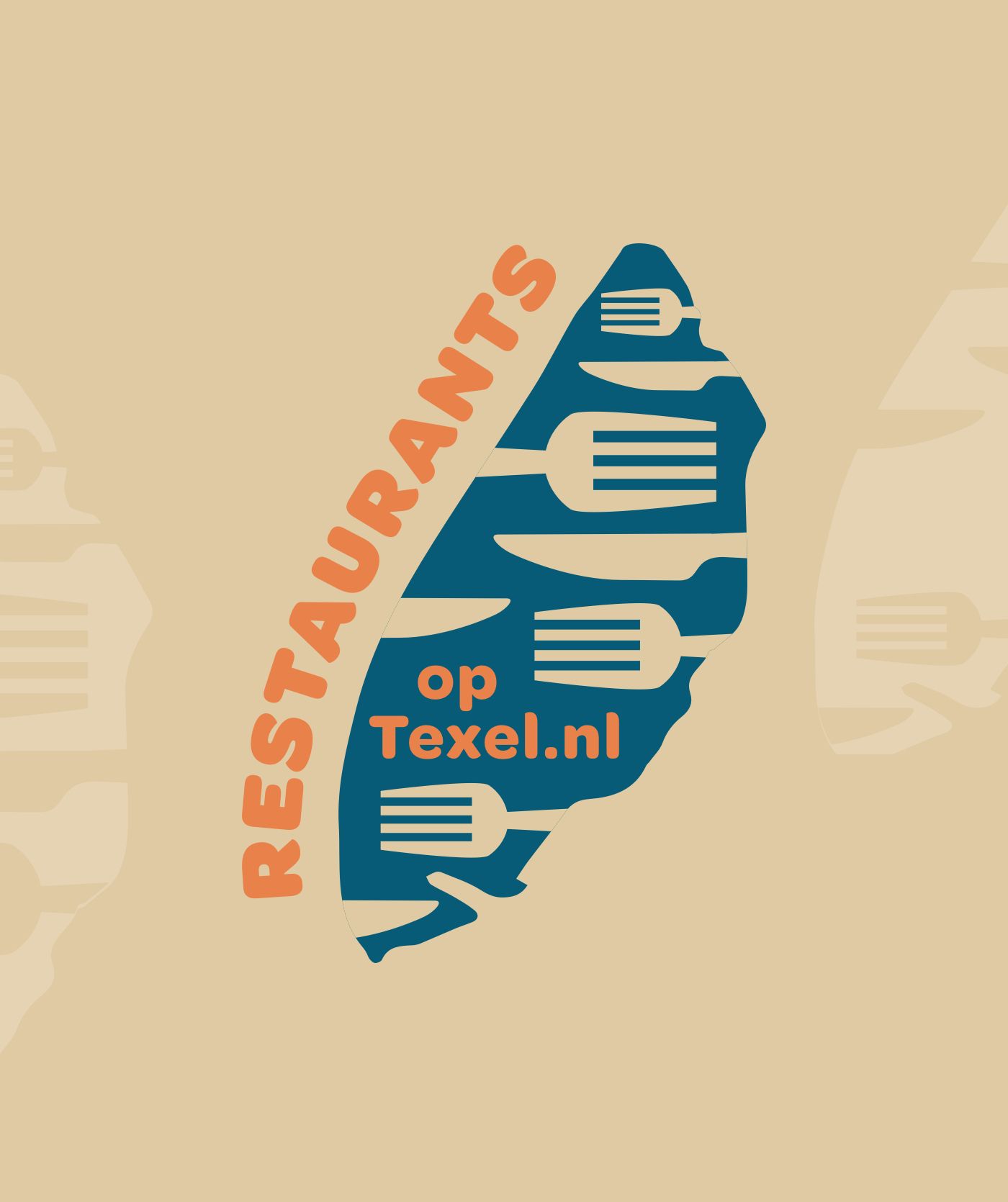 Een afbeelding van het eiland Texel met vorkiconen erin, de tekst “RESTAURANTS op Texel.nl” in oranje op een beige achtergrond, met de nadruk op lokale restaurants naast webshops en online diensten.
