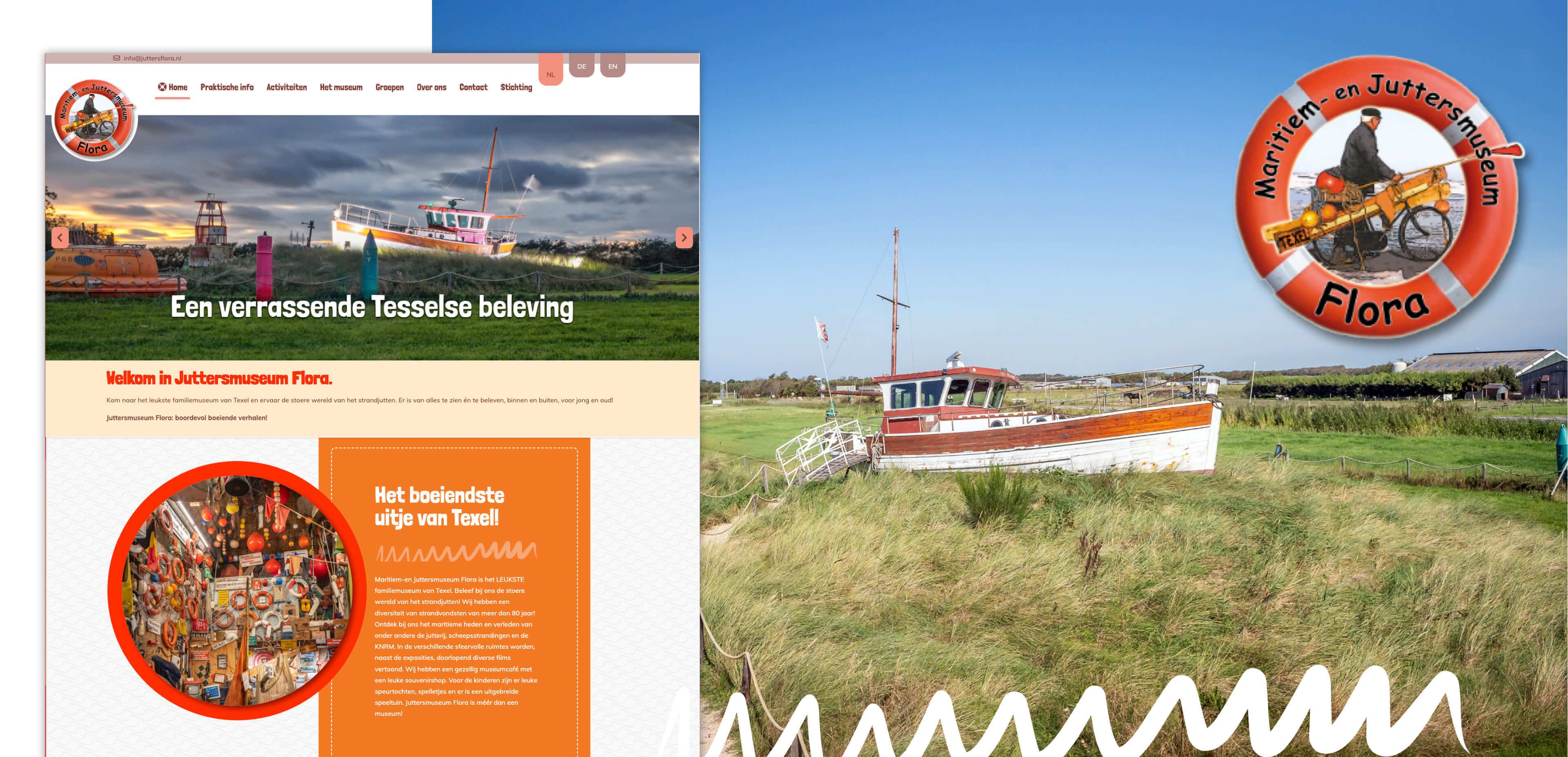 Een screenshot van de website van het Maritiem- en Juttersmuseum Flora met een scheepstentoonstelling en oranje accenten, met daarbij een foto van een verweerde boot op grasland, benadrukt hun aantrekkelijke websites en effectieve online diensten.