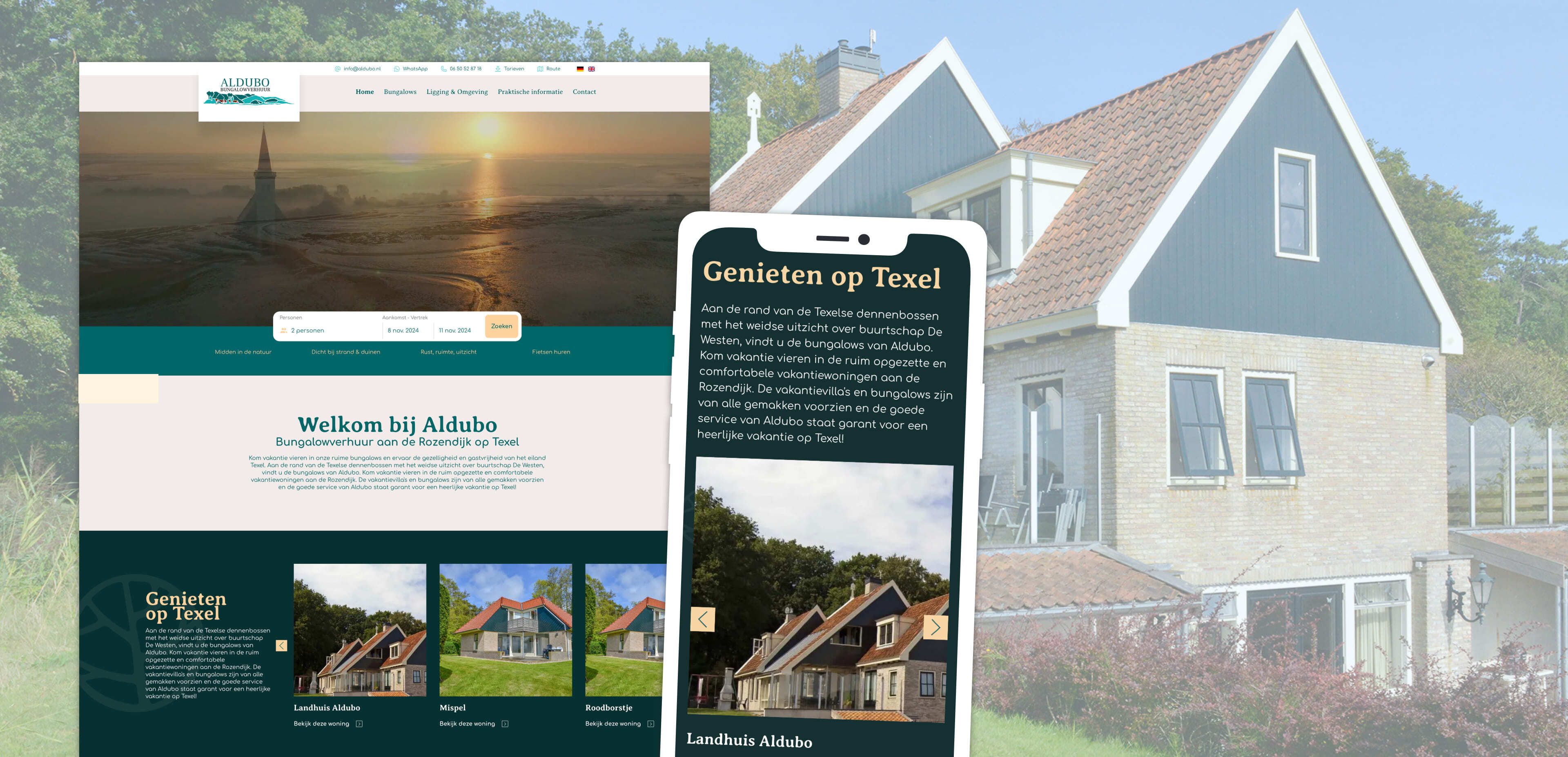 Op de website en op de mobiele telefoon worden de accommodaties van Landhuis Aldubo getoond. Er is een traditioneel Nederlands huis, er zijn navigatieopties en op beide schermen is er snelle toegang tot online diensten.