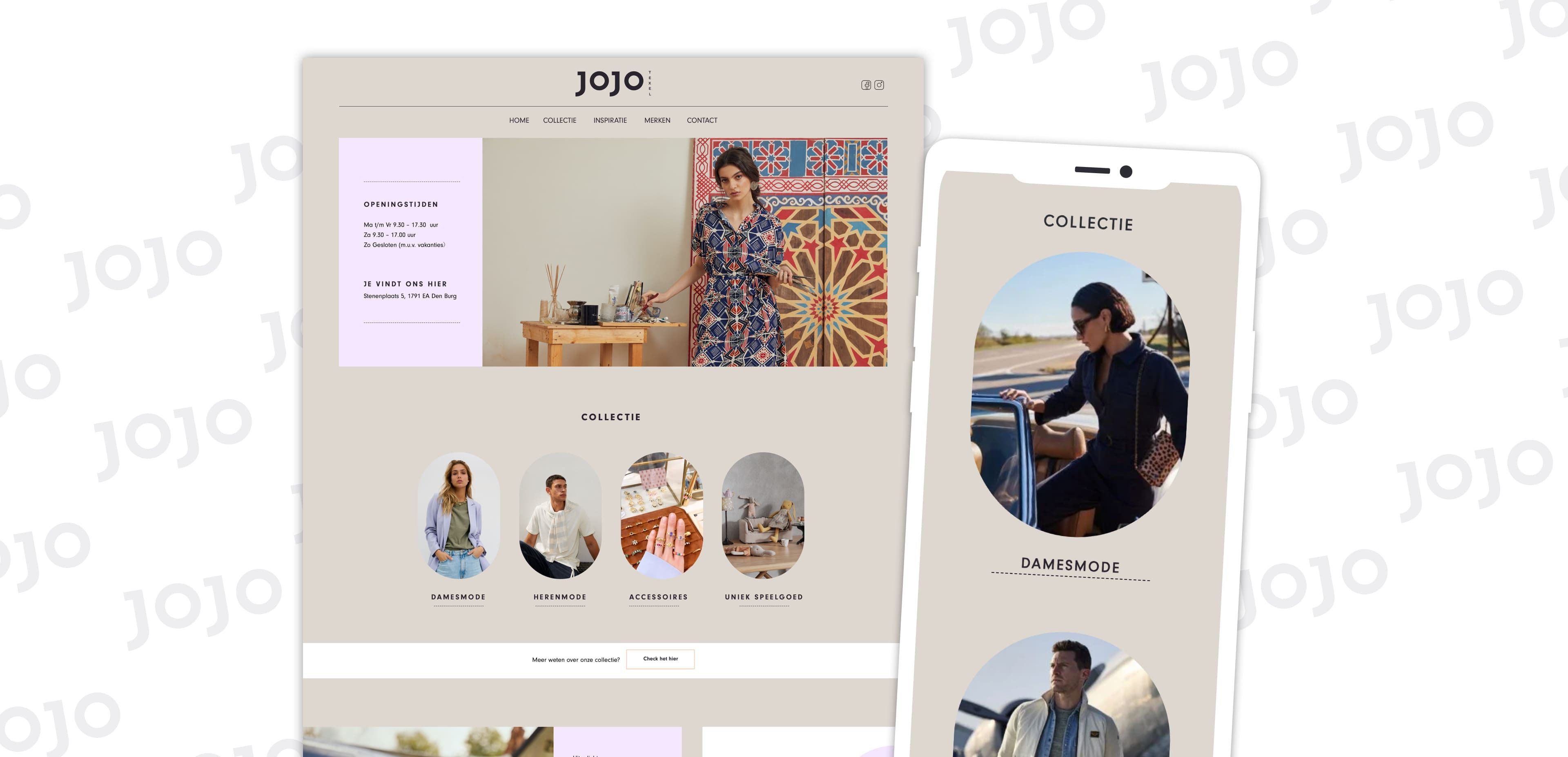 Website en mobiele weergave van JOJO, een online modewinkel met dames- en herenkleding. De productafbeeldingen zijn weergegeven in een neutrale kleurstelling, wat de kwaliteit van topwebshops benadrukt.